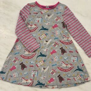 Mini Boden Colorful Toy print Dress with Pink Trim, includes footless tights